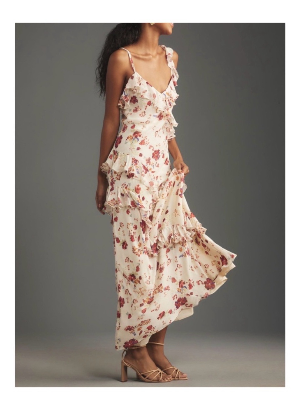 NWT Let Me Be Womens Dress Beige Red Floral Sleeveless Ruffle Maxi Size 16